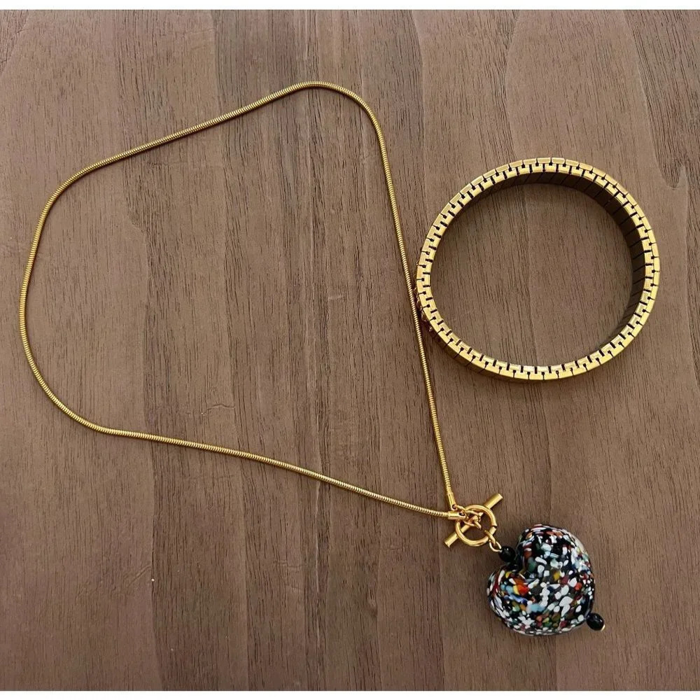 Italian Millefiori Glass Heart on Gold Chain Necklace and Stretch Bracelet - Picture 1 of 8